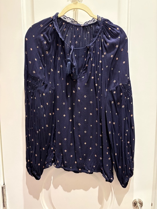Tops - Navy Tie-Neck Peasant Blouse - Women